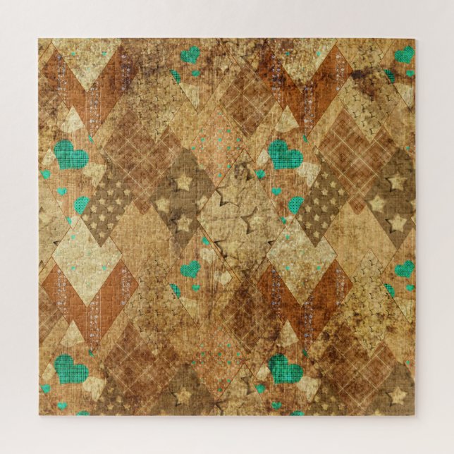 Quebra-cabeça Brown Grunge Quilt Stars Hearts (Vertical)
