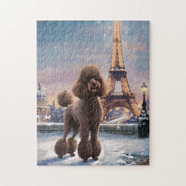Quebra-cabeça Brown Poodle Winter in Paris Painting Art (Vertical)