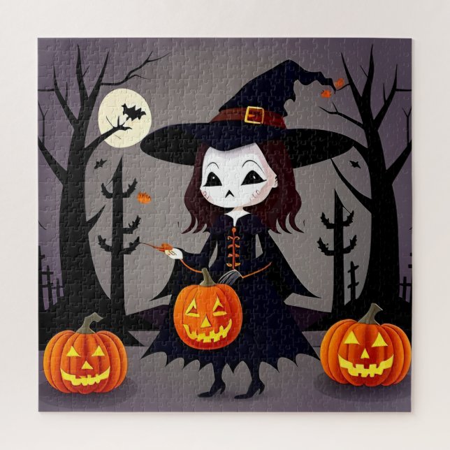 Quebra-cabeça Bruxa de Halloween com Abóboras (Vertical)