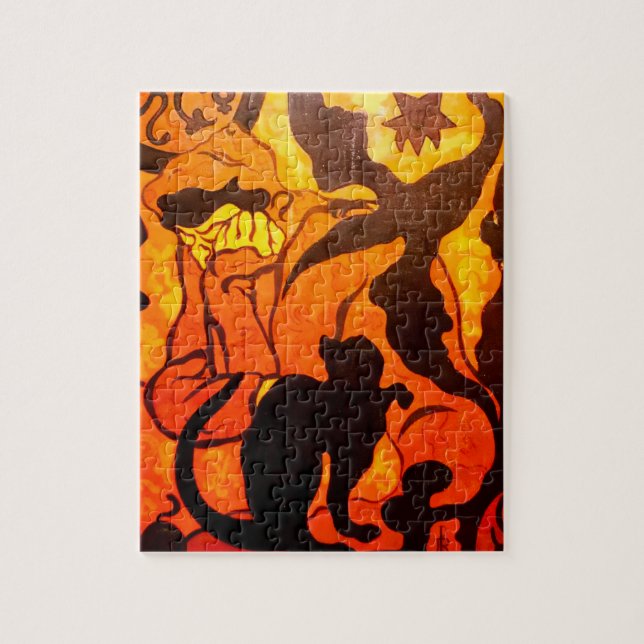 Quebra-cabeça Bruxa de Halloween com um Gato Negro (Vertical)