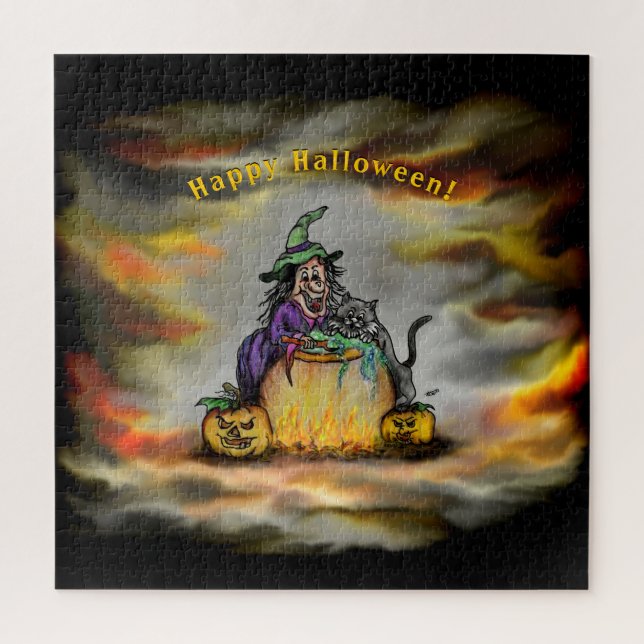Quebra-cabeça Bruxa e Gato Negro, Feliz Halloween! (Vertical)