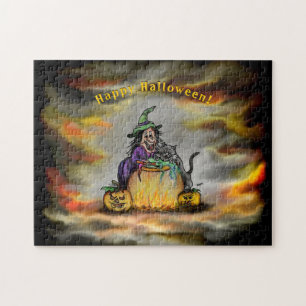 Quebra-cabeça Bruxa e Gato Negro, Feliz Halloween!
