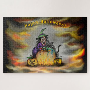 Quebra-cabeça Bruxa e Gato Negro, Feliz Halloween!