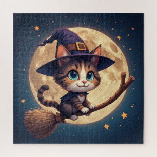 Quebra-cabeça Bruxa Gatinha Fofa Sob Estrelas e Lua Cheia 🎃
