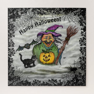 Quebra-cabeça Bruxa, Gato, Bat e Pumpkin, Feliz Halloween!
