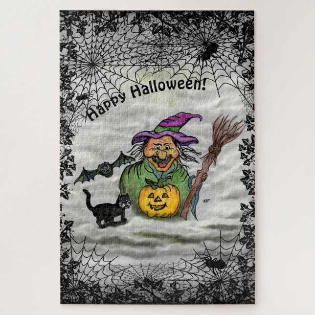 Quebra-cabeça Bruxa, Gato, Bat e Pumpkin, Feliz Halloween! (Vertical)