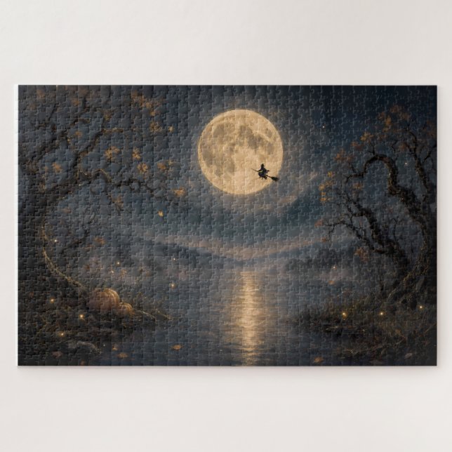 Quebra-cabeça Bruxa sob a Lua Cheia no Lago de Halloween Gótico (Horizontal)