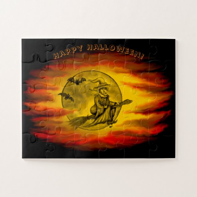 Quebra-cabeça bruxa voadora com gato preto, noite de halloween (Horizontal)