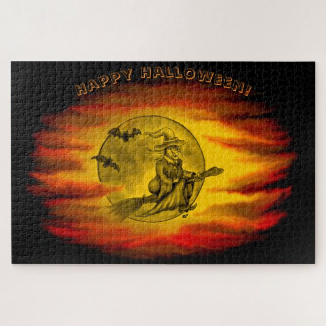 Quebra-cabeça bruxa voadora com gato preto, noite de halloween (Horizontal)