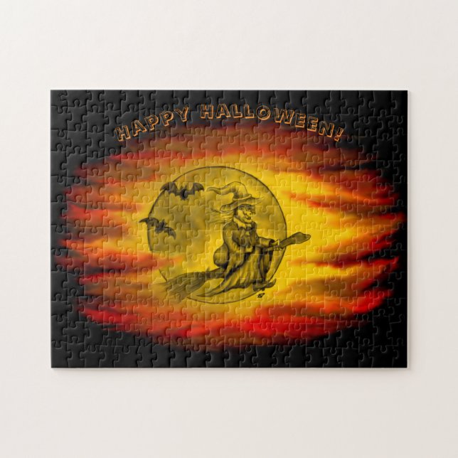 Quebra-cabeça bruxa voadora com gato preto, noite de halloween (Horizontal)