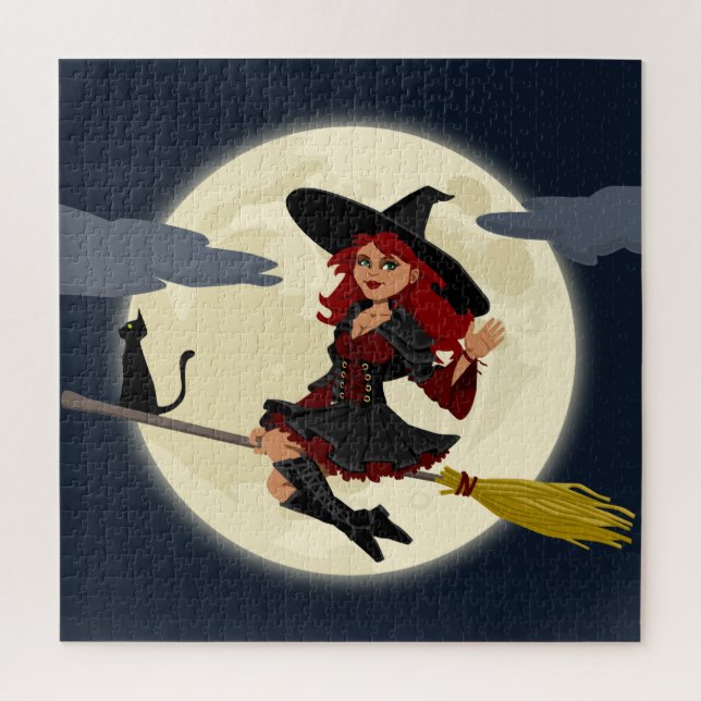 Quebra-cabeça Bruxa Voadora, Lua e Gato Negro (Vertical)