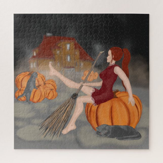 Quebra-cabeça Bruxas e gatos no Halloween (Vertical)