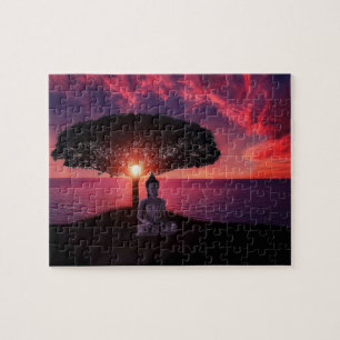 Quebra-cabeça Buddha no céu vermelho da noite