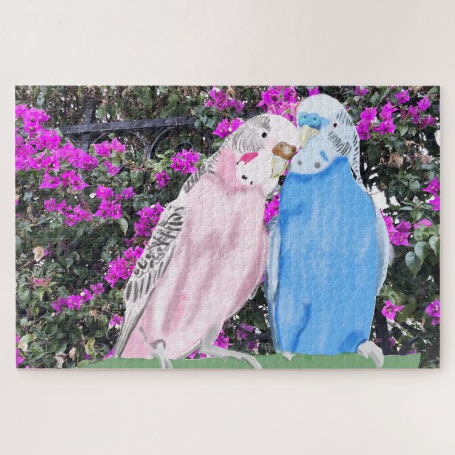 Quebra-cabeça Budgie cor-de-rosa e azul e Bougainvillea (Horizontal)