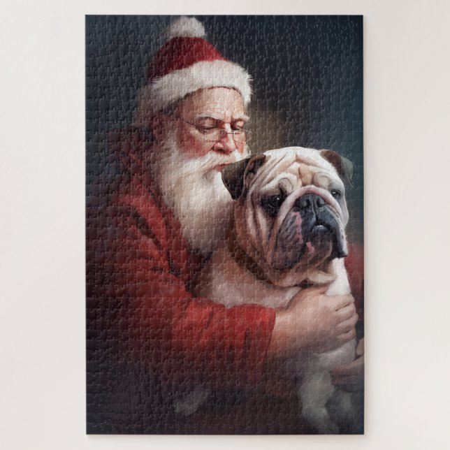 Quebra-cabeça Buldogue com Papai Noel Natal Festivo (Vertical)