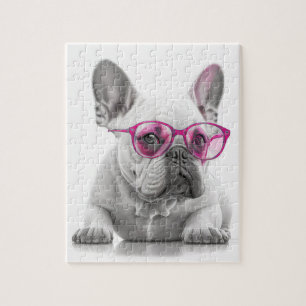 Quebra-cabeça Buldogue francês com óculos cor-de-rosa quebra-cab
