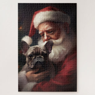 Quebra-cabeça Buldogue Francês com Papai Noel Natal Festivo
