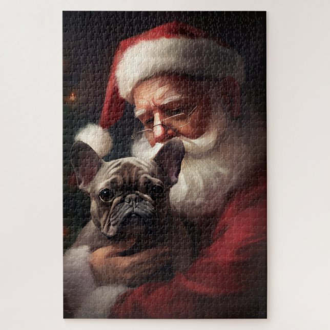 Quebra-cabeça Buldogue Francês com Papai Noel Natal Festivo (Vertical)