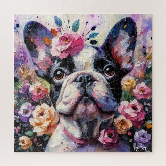 Quebra-cabeça Buldogue francês com pintura impressionista Rosa (Vertical)