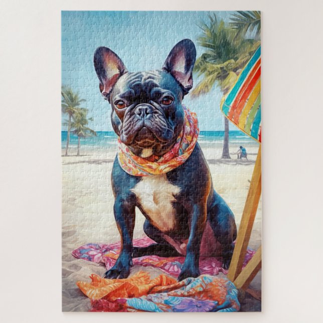 Quebra-cabeça Buldogue francês na praia, presente de verão para  (Vertical)