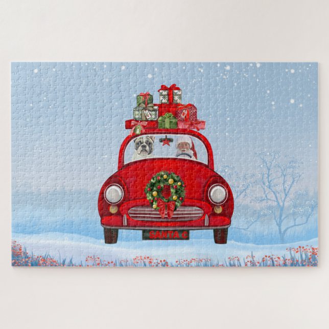 Quebra-cabeça Buldogue Francês No Carro Com Papai Noel (Horizontal)