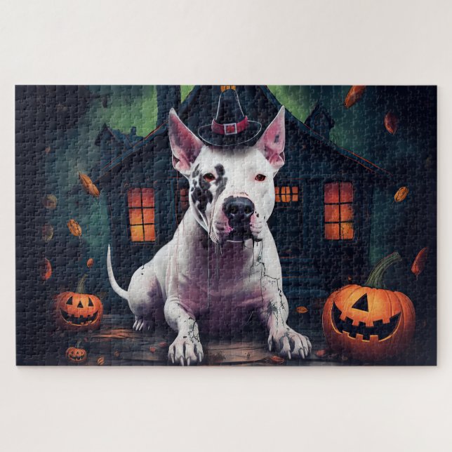Quebra-cabeça Bull Terrier Abóboras Dia das Bruxas Assustador (Horizontal)