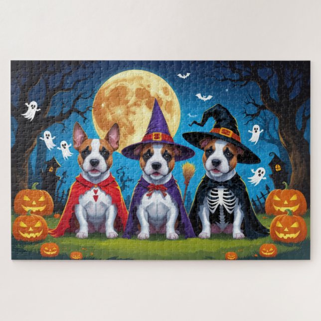 Quebra-cabeça Bull Terrier Cachorros Pumpkin Halloween Engraçado (Horizontal)