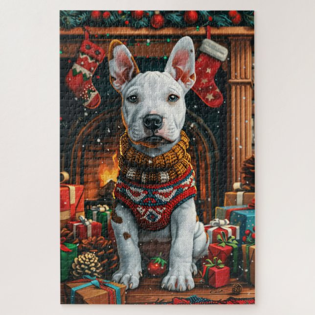 Quebra-cabeça Bull Terrier com Lareira de presentes de Natal (Vertical)