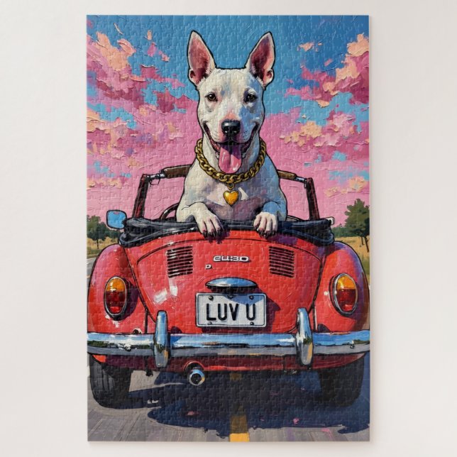 Quebra-cabeça Bull Terrier Dog Valentine's Day Red Convertible (Vertical)