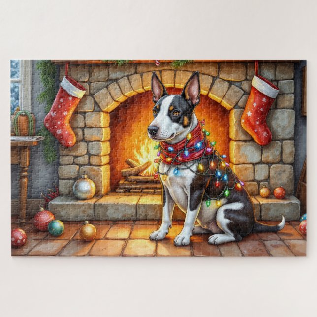 Quebra-cabeça Bull Terrier Lareira com Luzes de Natal (Horizontal)