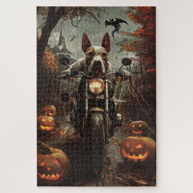 Quebra-cabeça Bull Terrier Riding Motorcycle Halloween Scareen (Vertical)