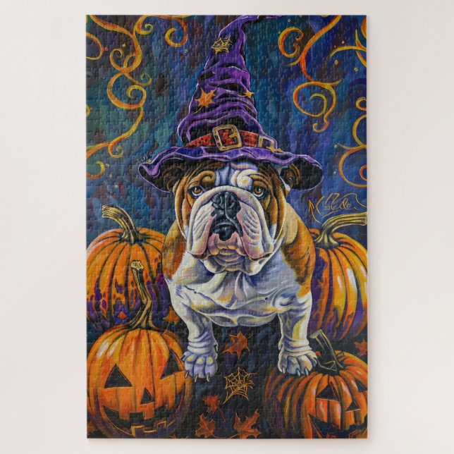 Quebra-cabeça Bulldog Assustador de Halloween Bruxa e Abóbora (Vertical)