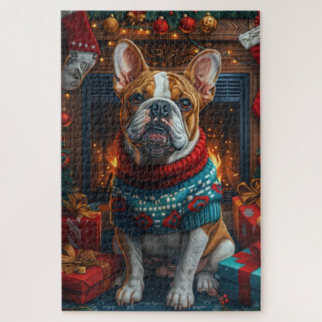 Quebra-cabeça Bulldog com Presentes de Natal Lareira (Vertical)