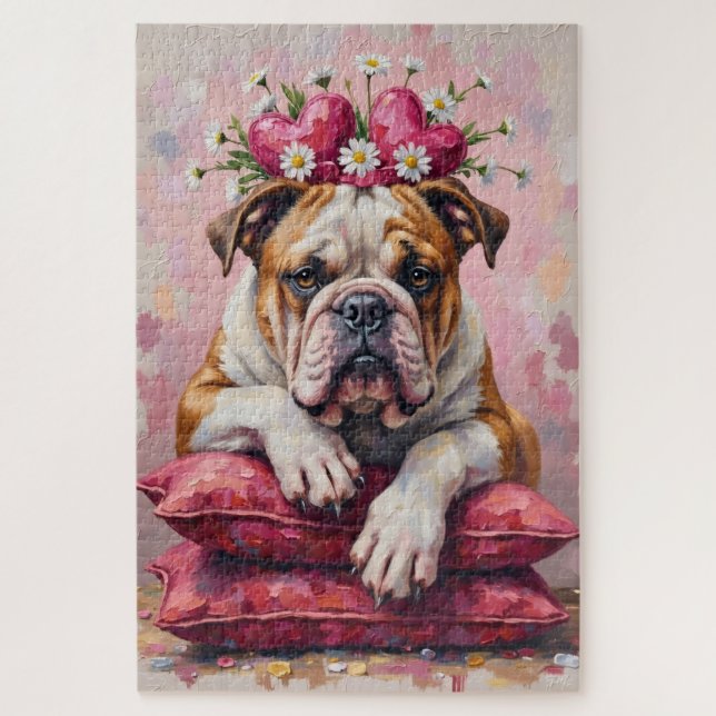 Quebra-cabeça Bulldog Dog Valentine's Day Heart Ribbon Crown (Vertical)