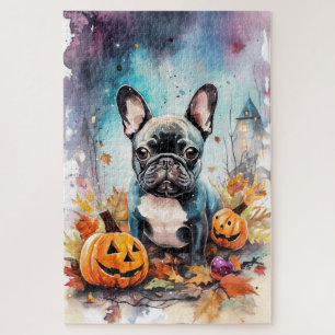 Quebra-cabeça Bulldog Francês Halloween Com Pumpkins Assustado