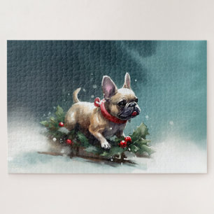 Quebra-cabeça Bulldog Francês Natal neve inverno