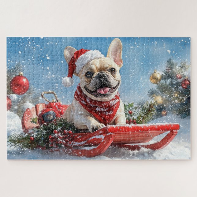 Quebra-cabeça Bulldog Francês no Trenó Deixe Nevar Natal (Horizontal)