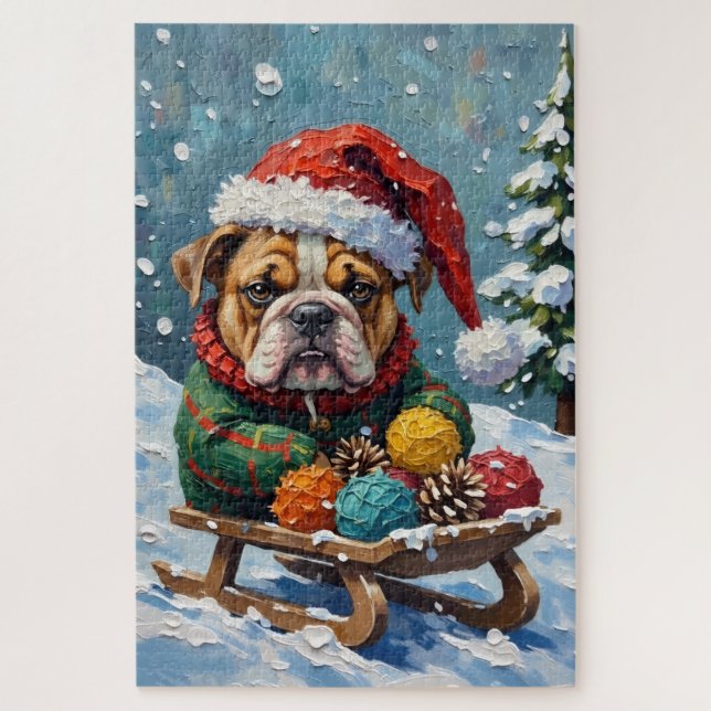 Quebra-cabeça Bulldog Grumpy Rider in Christmas Sled Hat (Vertical)