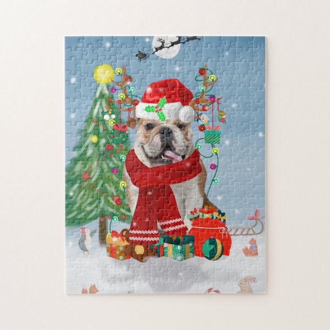 Quebra-cabeça Bulldog Inglês em Neve com Presentes de Natal (Vertical)
