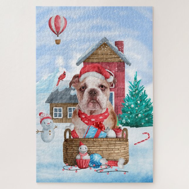 Quebra-cabeça Bulldog Inglês na casa de cachorro de Natal na nev (Vertical)