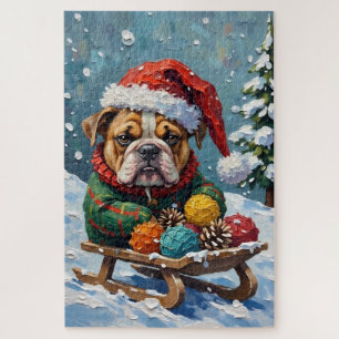 Quebra-cabeça Bulldog Mal-Humorado de Chapéu de Trenó de Natal