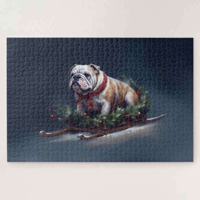 Quebra-cabeça Bulldog Natal neve inverno (Horizontal)