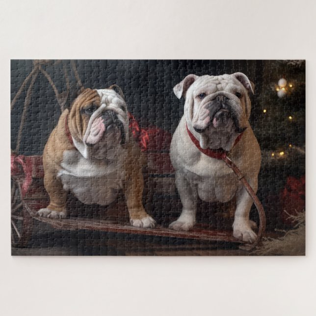 Quebra-cabeça Bulldog Snowy Sleigh Decência de Natal (Horizontal)