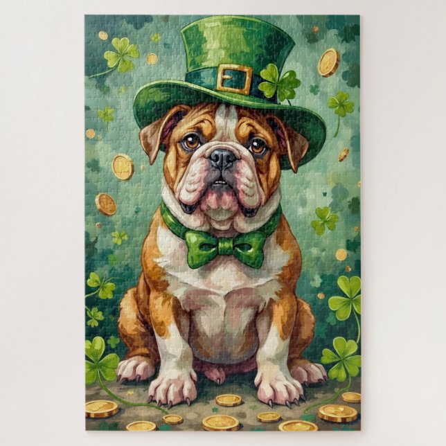 Quebra-cabeça Bulldog St Patrick’s Day Funny Lucky Dog (Vertical)