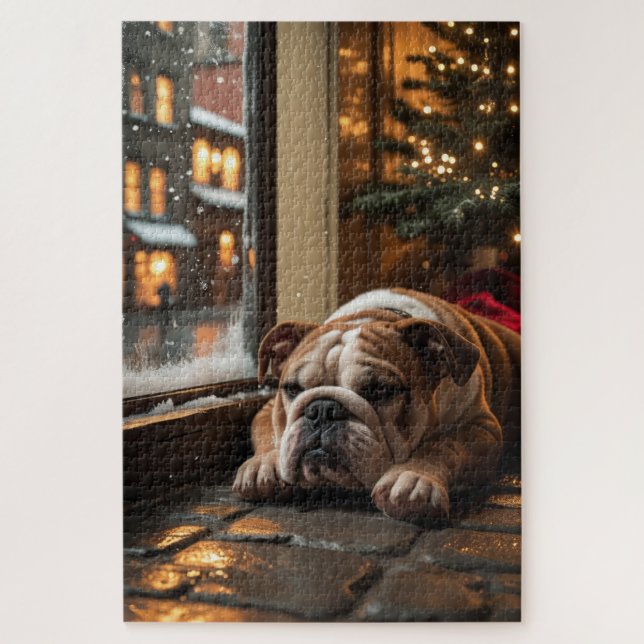 Quebra-cabeça Bulldog with Christmas Lights Holiday (Vertical)