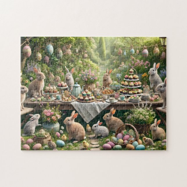 Quebra-cabeça Bunny Tea Party Whimsical Easter Garden Scene (Horizontal)