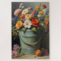 Buquê de flores de verão pintadas em um balde verd