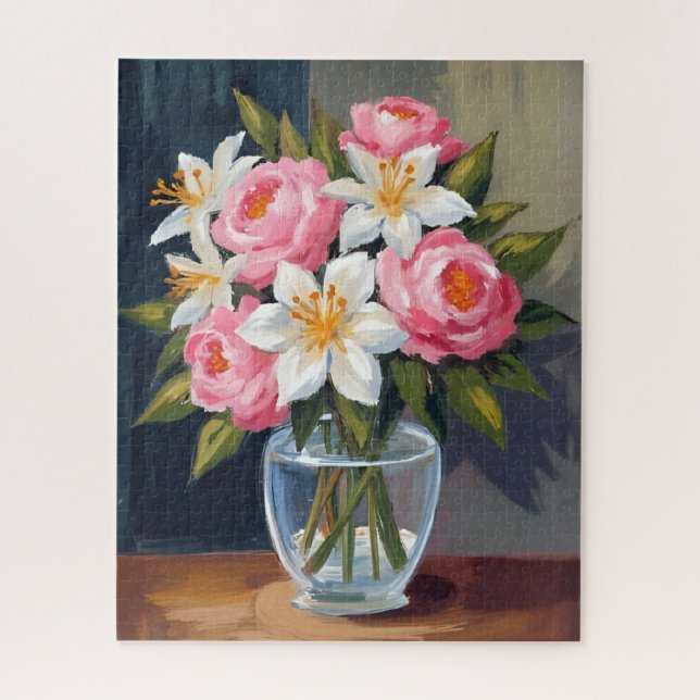 Quebra-cabeça Buquê de Lírio e Rosa | Vaso de Aquarela Floral (Vertical)