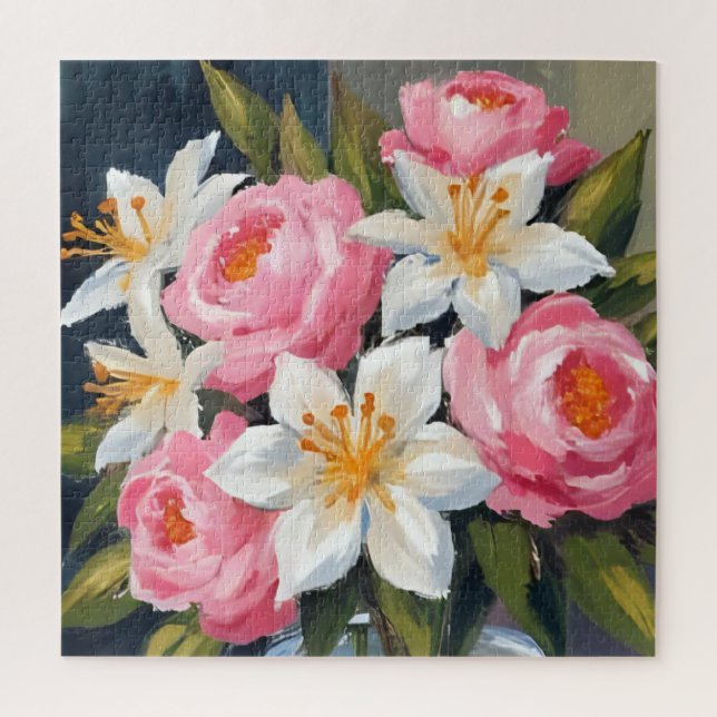 Quebra-cabeça Buquê de Lírio e Rosa | Vaso de Aquarela Floral (Vertical)