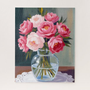 Quebra-cabeça Buquê de Peônia   Floral em Vaso de Flores Rosa Aq